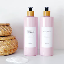 Load image into Gallery viewer, Pink Plastic Dispenser Bottle With White Personalised Label And Bamboo Pump
