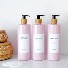 Load image into Gallery viewer, Pink Plastic Dispenser Bottle With White Personalised Label And Bamboo Pump
