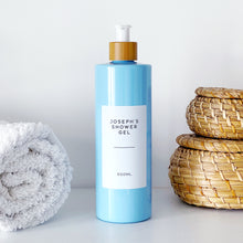 Load image into Gallery viewer, Blue Plastic Dispenser Bottle With White Personalised Label And Bamboo Pump
