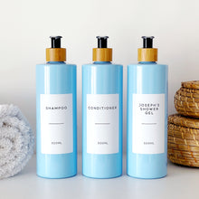 Load image into Gallery viewer, Blue Plastic Dispenser Bottle With White Personalised Label And Bamboo Pump

