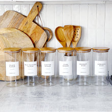 Load image into Gallery viewer, Glass Jar With White Personalised Label And Airtight Natural Bamboo Wood Lid
