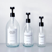 Load image into Gallery viewer, Clear Glass Syrup Dispenser Bottle With White Personalised Label And Plastic Pump
