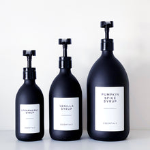 Load image into Gallery viewer, Matt Black Glass Syrup Dispenser Bottle With White Personalised Label And Plastic Pump
