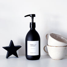 Load image into Gallery viewer, Matt Black Glass Syrup Dispenser Bottle With White Personalised Label And Plastic Pump
