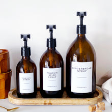 Load image into Gallery viewer, Amber Glass Syrup Dispenser Bottle With White Personalised Label And Plastic Pump
