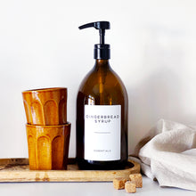 Load image into Gallery viewer, Amber Glass Syrup Dispenser Bottle With White Personalised Label And Plastic Pump

