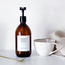 Load image into Gallery viewer, Amber Glass Syrup Dispenser Bottle With White Personalised Label And Plastic Pump
