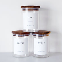 Load image into Gallery viewer, Set Of 3 Glass &amp; Acacia Jars - Tea, Coffee &amp; Sugar
