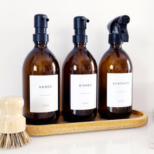Load image into Gallery viewer, Set Of 3 Amber Bottles - Glass Or Plastic - Hands, Dishes And Surfaces - Metal Pump Dispensers &amp; Trigger Spray
