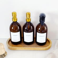 Load image into Gallery viewer, Set Of 3 Amber Bottles - Glass Or Plastic - Hands, Dishes And Surfaces - Metal Pump Dispensers &amp; Trigger Spray
