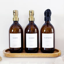 Load image into Gallery viewer, Set Of 3 Amber Bottles - Glass Or Plastic - Hands, Dishes And Surfaces - Metal Pump Dispensers &amp; Trigger Spray
