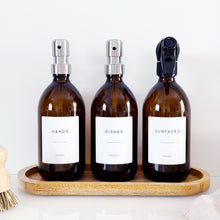Load image into Gallery viewer, Set Of 3 Amber Bottles - Glass Or Plastic - Hands, Dishes And Surfaces - Metal Pump Dispensers &amp; Trigger Spray (Copy)
