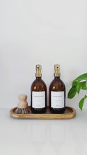 Load and play video in Gallery viewer, Set Of 2 Amber Bottles - Glass Or Plastic - Hand Soap &amp; Dish Soap - Brushed Light Gold Metal Pumps
