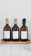 Load and play video in Gallery viewer, Set Of 3 Amber Bottles - Glass Or Plastic - Hands, Dishes And Surfaces - Metal Pump Dispensers &amp; Trigger Spray
