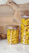 Load and play video in Gallery viewer, Glass Jar With White Personalised Label And Airtight Natural Acacia Wood Lid
