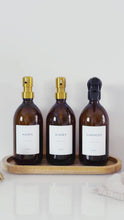Load and play video in Gallery viewer, Set Of 3 Amber Bottles - Glass Or Plastic - Hands, Dishes And Surfaces - Metal Pump Dispensers &amp; Trigger Spray
