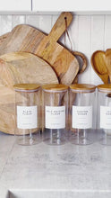 Load and play video in Gallery viewer, Glass Jar With White Personalised Label And Airtight Natural Bamboo Wood Lid

