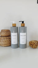 Load and play video in Gallery viewer, Grey Plastic Dispenser Bottle With White Personalised Label And Bamboo Pump
