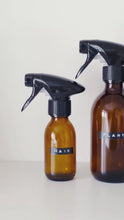 Load and play video in Gallery viewer, Amber Glass Or Plastic Trigger Spray Bottle With Stamped Personalised Label
