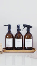 Load and play video in Gallery viewer, Set Of 3 Amber Bottles - Glass Or Plastic - Hands, Dishes And Surfaces - Metal Pump Dispensers &amp; Trigger Spray
