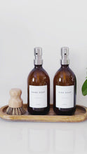 Load and play video in Gallery viewer, Set Of 2 Amber Bottles - Glass Or Plastic - Hand Soap &amp; Dish Soap - Silver Metal Pumps
