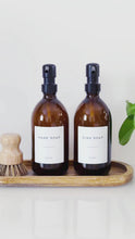 Load and play video in Gallery viewer, Set Of 2 Amber Bottles - Glass Or Plastic - Hand Soap &amp; Dish Soap - Black Metal Pumps
