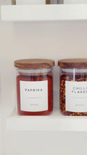 Load and play video in Gallery viewer, Glass Spice Jar With White Personalised Label And Airtight Acacia Wood Lid
