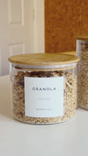 Load and play video in Gallery viewer, Extra Wide Glass Jar With White Personalised Label And Airtight Natural Bamboo Lid
