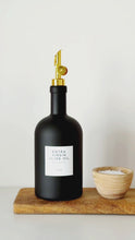 Load and play video in Gallery viewer, Matt Black Chunky Glass Oil / Vinegar Pourer Bottle With Personalised Label
