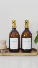 Load and play video in Gallery viewer, Set Of 2 Amber Bottles - Glass Or Plastic - Hand Soap &amp; Dish Soap - Gold Metal Pumps
