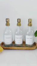 Load and play video in Gallery viewer, Set Of 3 Clear Bottles - Glass Or Plastic - Shampoo, Conditioner &amp; Body Wash - Brushed Light Gold Metal Pumps
