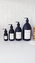 Load and play video in Gallery viewer, Matt Black Glass Dispenser Bottle With Personalised Label &amp; Black Plastic Pump
