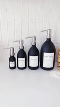 Load and play video in Gallery viewer, Matt Black Glass Dispenser Bottle With Personalised Label &amp; Silver Metal Pump
