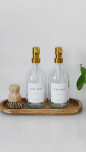 Load and play video in Gallery viewer, Set Of 2 Clear Bottles - Glass Or Plastic - Hand Soap &amp; Dish Soap - Gold Metal Pumps
