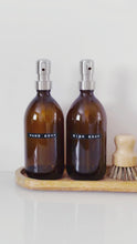 Load and play video in Gallery viewer, Set Of 2 Amber Bottles - Glass Or Plastic - Hand Soap &amp; Dish Soap - Silver Metal Pumps
