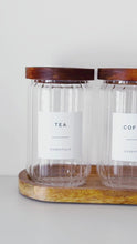 Load and play video in Gallery viewer, Ribbed Glass Tea, Coffee, Sugar Jars - Set Of 3 - Optional Wooden Tray
