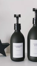 Load and play video in Gallery viewer, Matt Black Glass Syrup Dispenser Bottle With White Personalised Label And Plastic Pump
