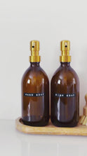 Load and play video in Gallery viewer, Set Of 2 Amber Bottles - Glass Or Plastic - Hand Soap &amp; Dish Soap - Gold Metal Pumps
