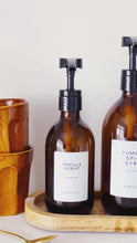Load and play video in Gallery viewer, Amber Glass Syrup Dispenser Bottle With White Personalised Label And Plastic Pump

