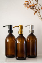 Load image into Gallery viewer, Amber Glass Or Plastic Dispenser Bottle With Metal Pump

