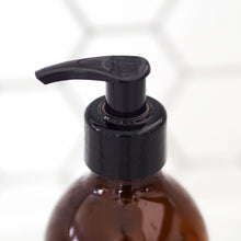 Load image into Gallery viewer, Amber Dispenser Bottle With White Personalised Label And Black Plastic Pump
