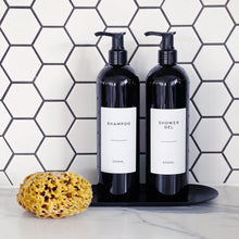 Load image into Gallery viewer, Black Plastic Dispenser Bottle With White Personalised Label And Plastic Pump
