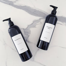 Load image into Gallery viewer, Black Plastic Dispenser Bottle With White Personalised Label And Plastic Pump
