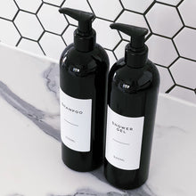 Load image into Gallery viewer, Black Plastic Dispenser Bottle With White Personalised Label And Plastic Pump
