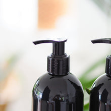 Load image into Gallery viewer, Black Plastic Dispenser Bottle With White Personalised Label And Plastic Pump
