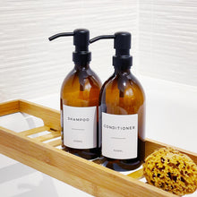 Load image into Gallery viewer, Amber Dispenser Bottle With White Personalised Label And Black Metal Pump
