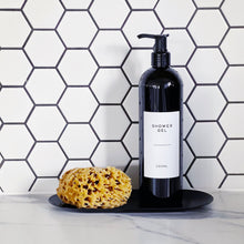 Load image into Gallery viewer, Black Plastic Dispenser Bottle With White Personalised Label And Plastic Pump
