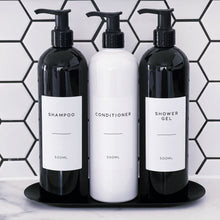 Load image into Gallery viewer, Black Plastic Dispenser Bottle With White Personalised Label And Plastic Pump
