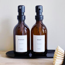 Load image into Gallery viewer, Amber Dispenser Bottle With White Personalised Label And Black Metal Pump
