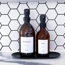 Load image into Gallery viewer, Amber Dispenser Bottle With White Personalised Label And Black Metal Pump
